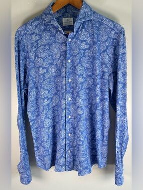 Emanuel Berg Modern Fit Men’s Button Up Shirt Size M Blue Paisley Long Sleeve